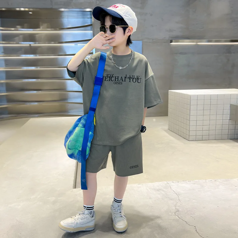 9-12Y Children Boy Summer Clothes Fashion Short Sleeve Letter Tshirt Top and Short Bottom 2pcs Outfit Teenage Casual Tracksuit