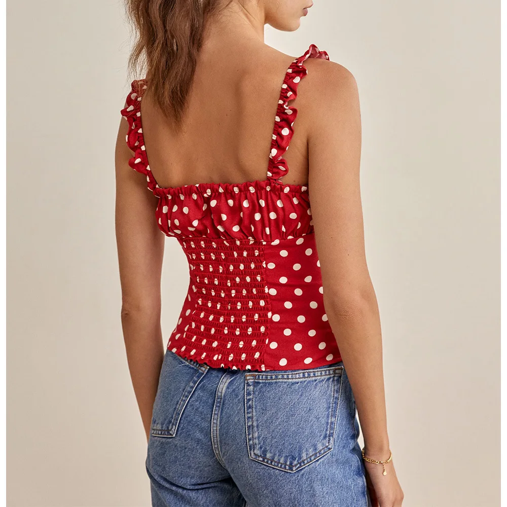 

Polka Dot Casual Summer Tops For Women 2022 Square Neck Tie Sleeveless Frill Strap Crop Back Smocked Fitted Sexy Cami