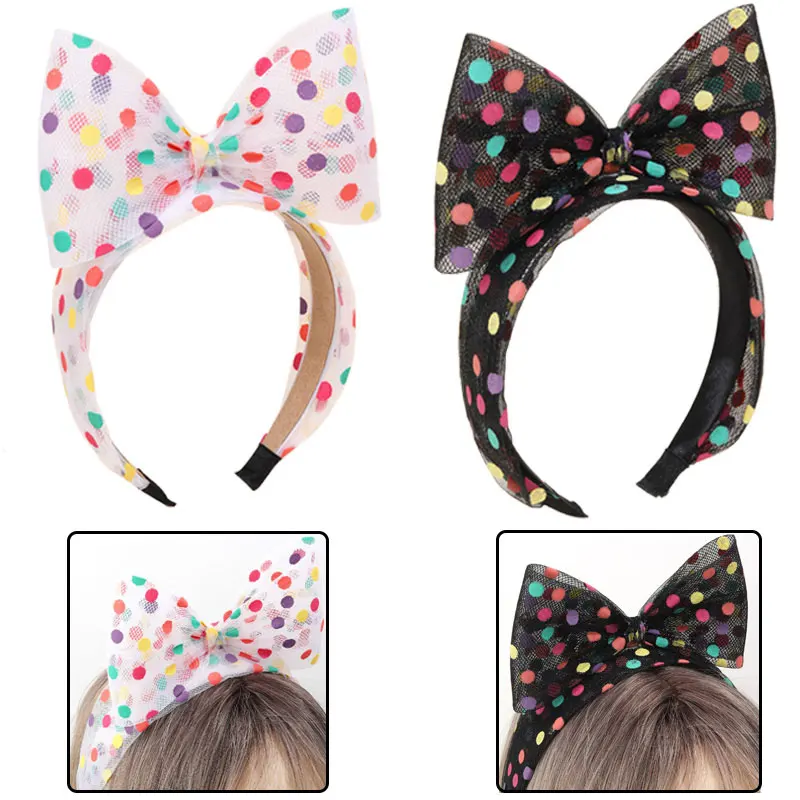 Fashion Spot Print Yarn Bowknot Hair Band Large Bow Sweet Headbands For Kids Girls Black Hair Hoop Headband Hair Accessories