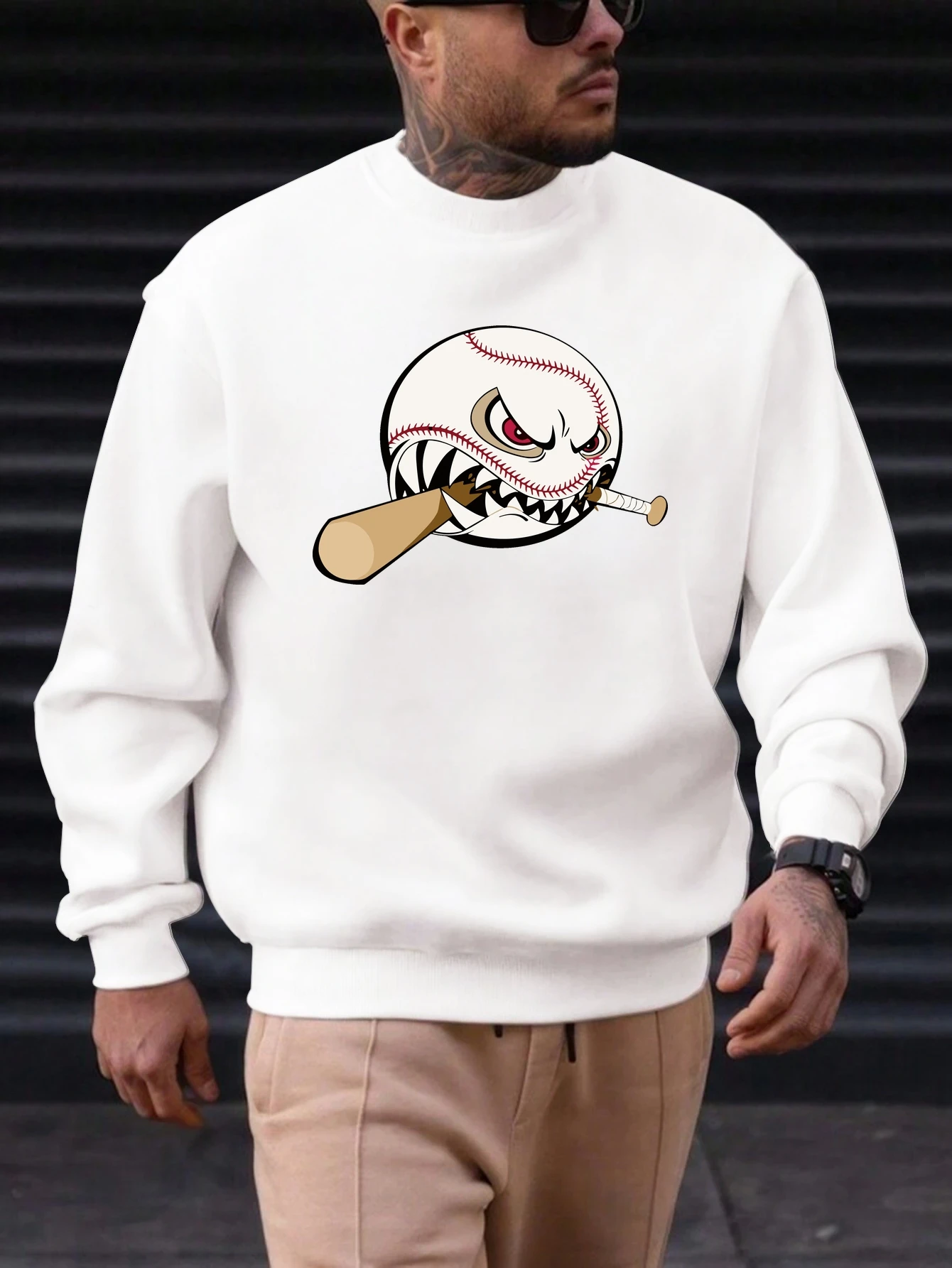 

2025 New Men's Cotton Sweatshirt Baseball Bite Bat Pattern Printing Round Neck Fashion Casual High Quality Daily Top Clothing