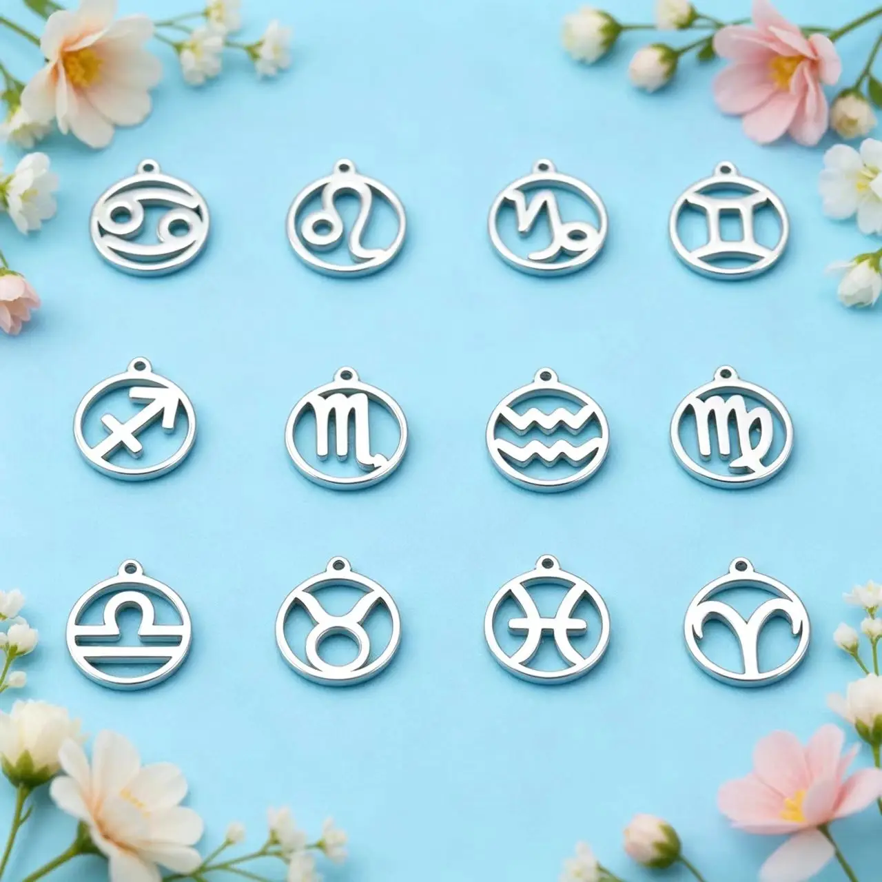 12Pcs/Lot Zodiac Floating Charms Stainless Steel Gemini Aries Libra Taurus Twelve Constellation Pendant for Jewelry Making