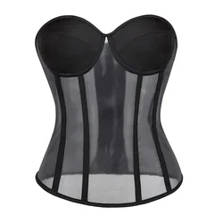 Women Fashion Sexy Bustiers With Bra Push Up Overbust Corset Shaper Breathable Mesh Lace-Up Boned Bodices Tops