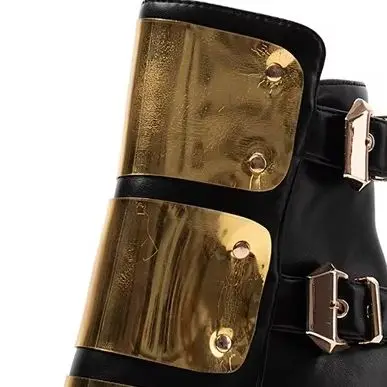 Women Platform Ankle Boots Round Toe Super High Stiletto Heel Gold Metal Plate Buckle Decor Punk Club Party Stage Fashion Boots