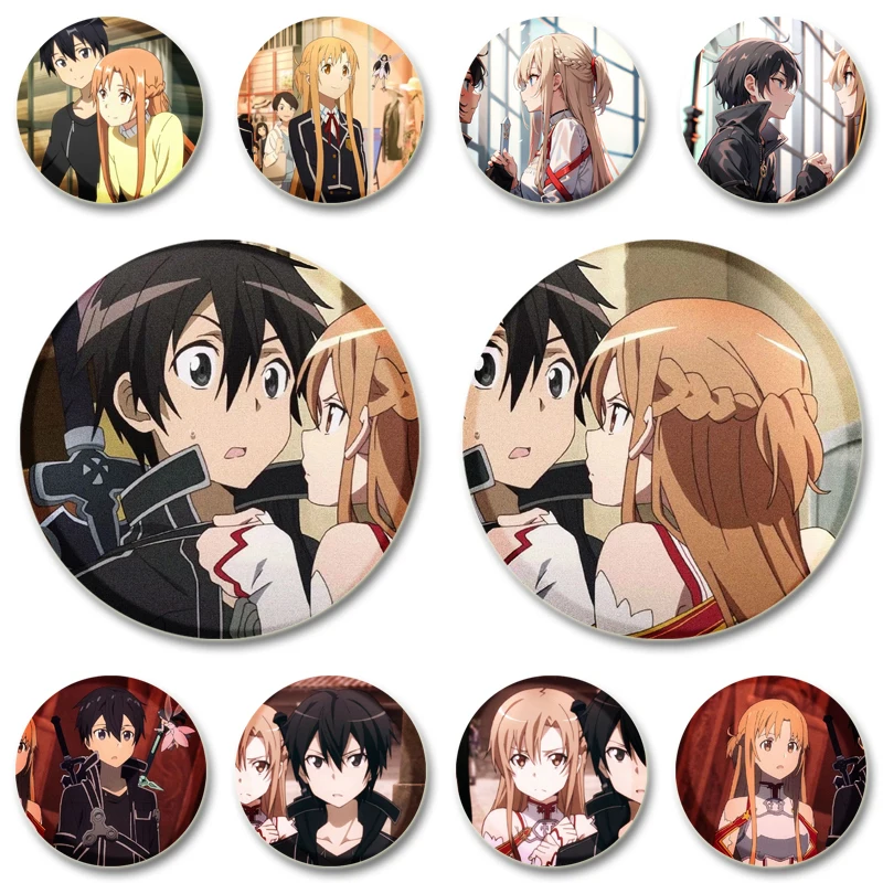 Yuuki Asuna and Kirigaya Kazuto Badge Anime Cartoon Figure Brooches Cute Exquisite Enamel Pins for Backpack Jewelry Accessories