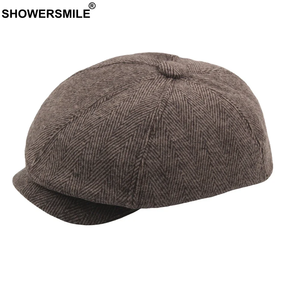 SHOWERSMILE Octagonal Cap Beret Men Herringbone Flat Cap Hats Men Striped Grey Eight Piece Male Vintage Autumn Painter Cap