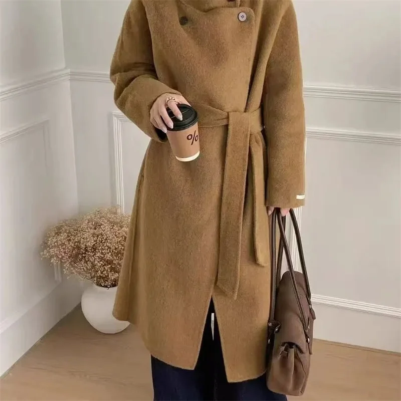 

Autumn New Wool Jacket Hooded Woolen Coat Women Water Ripple Cashmere Coat Female Casual Lace-up Loose Wool Coat Classic