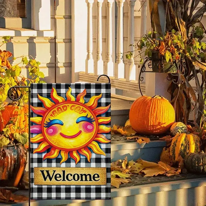 Sunshine Welcome Garden Flag 12x18 Inch, Cute Smiling Sun Buffalo Plaid Garden Flag, Farmhouse Outdoor Decorative Yard Flag jjp