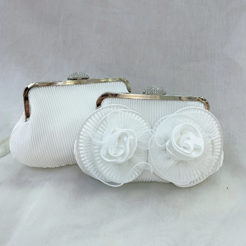 

Vintage White Flower Clutch Bag Women's Fairy Bride Bridesmaid Wedding Party Ruched Evening Bag Trendy Soft Small Handbags