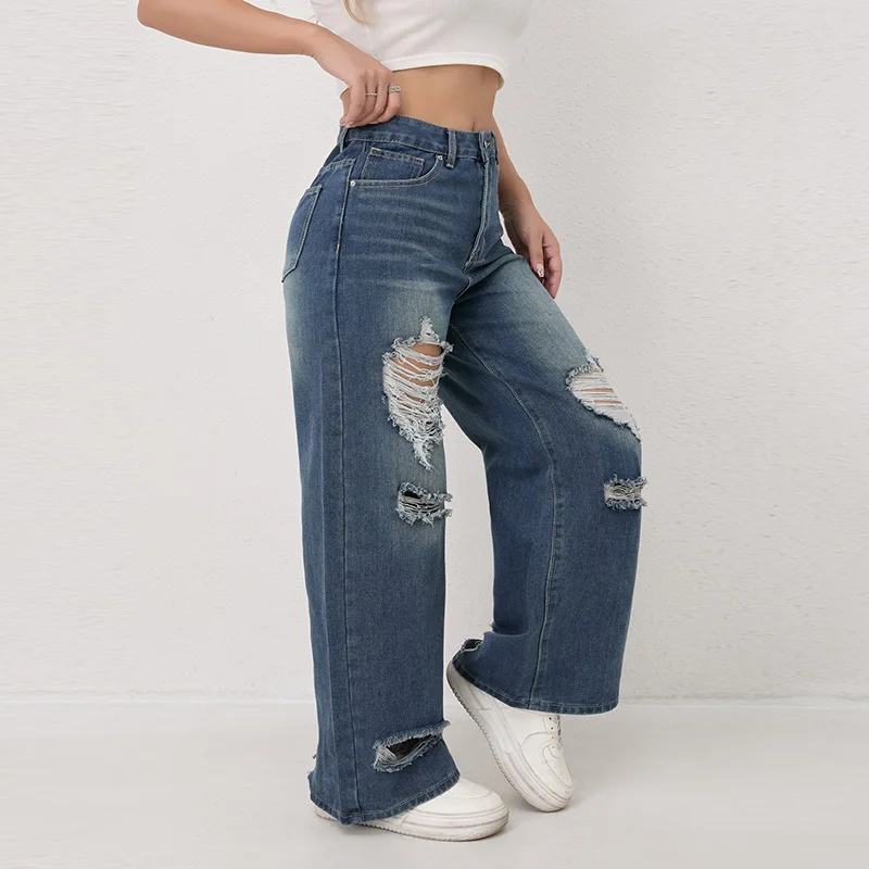 Benuynffy جينز أزرق ممزق عتيق للنساء عالي الخصر مستقيم فضفاض من قماش الدنيم ملابس الشارع الشهير بنطال ذو قصة أرجل واسعة