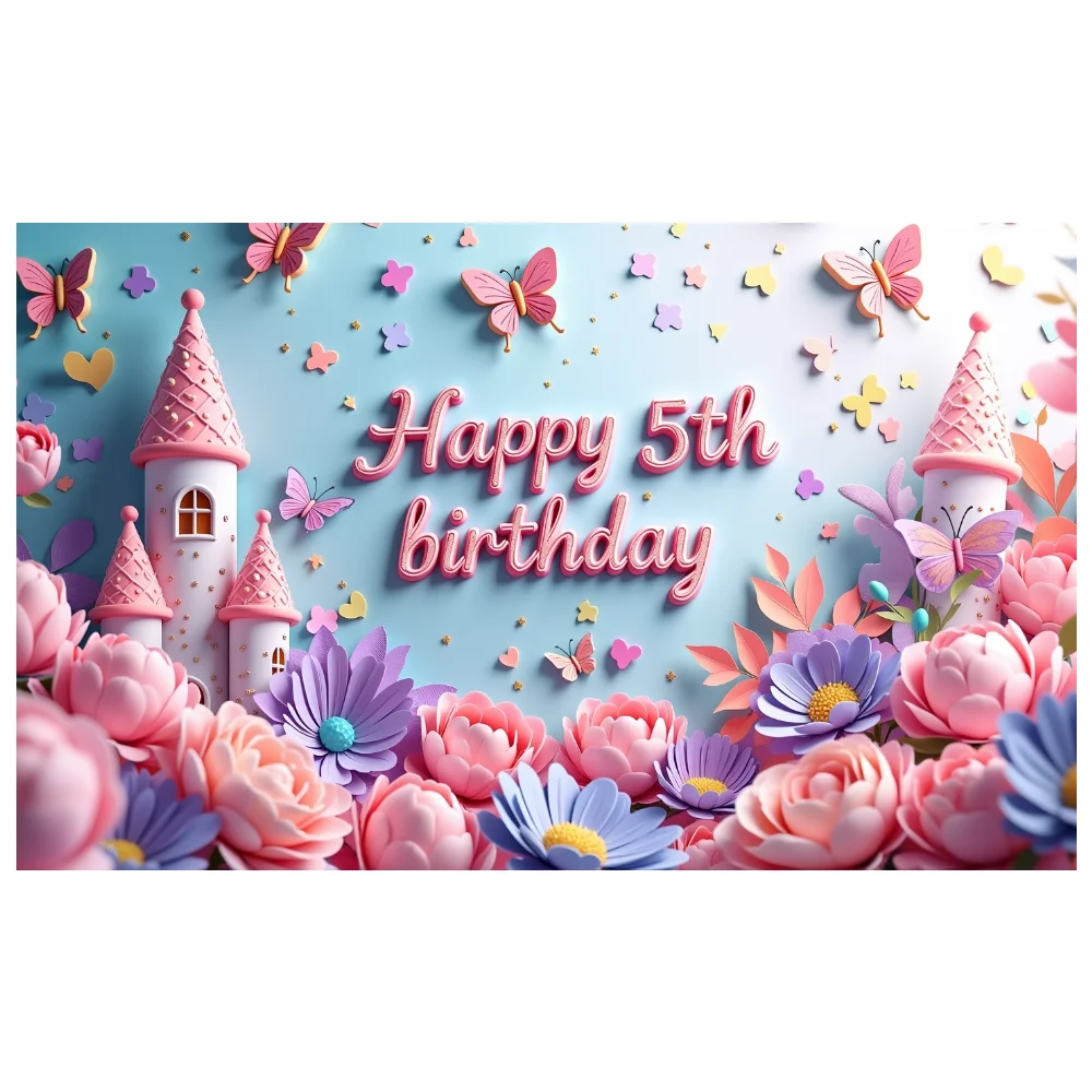 Floral Birthday banner Fun Customizable Lightweight Castle scene Engaging Backdrop for Party