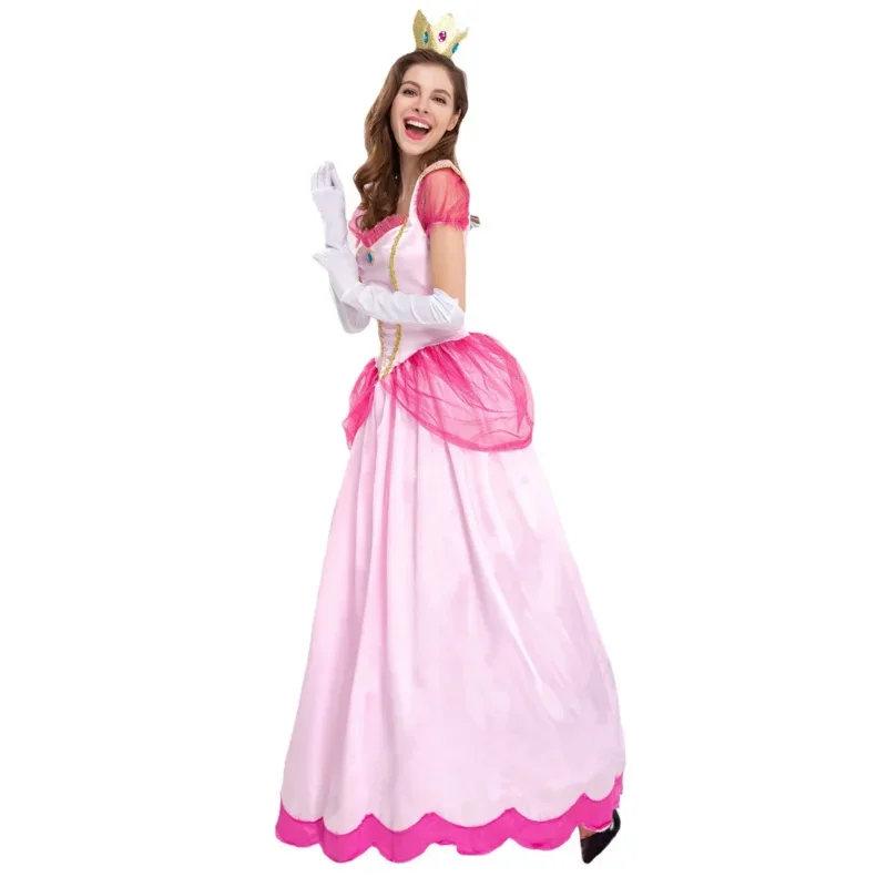 Women Girls Princess Peach Beech Pink Dress Adult Sexy Fairy Tale Palace Long Dress Performance Cosplay Costume Summer Outfit Q