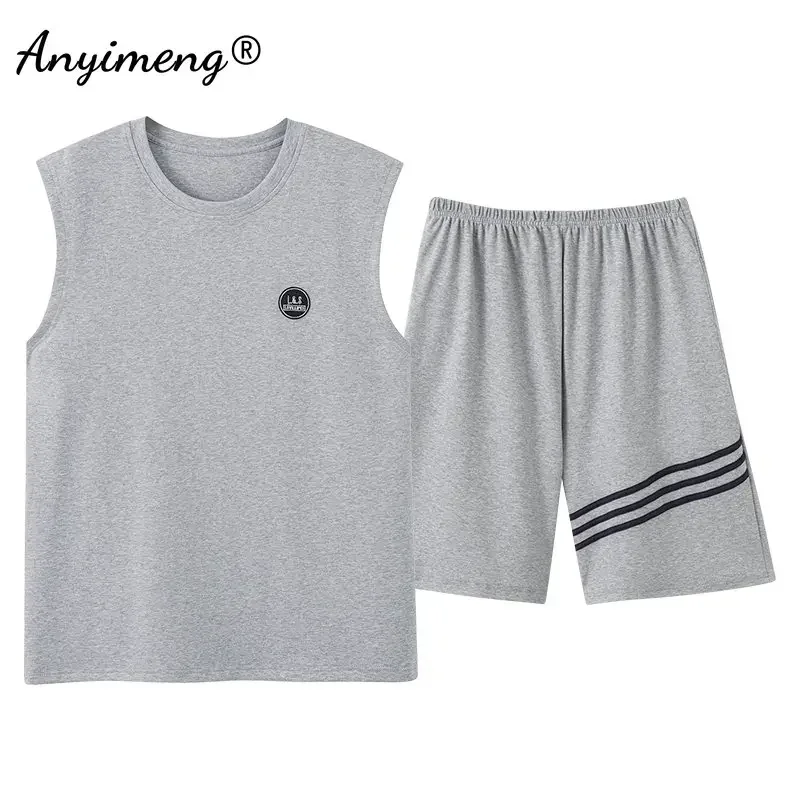 Mens Sleeveless Pajamas Set L-4XL Summer Cotton Vest Singlet Loungewear 2 Pieces Set Shorts Nightwear Casual Sleepwear for Boy