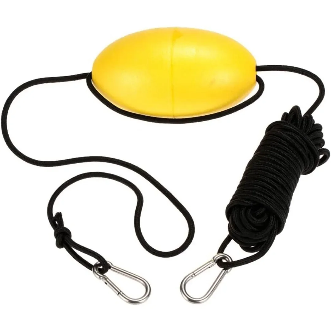 150g Yellow Marine Marker Buoy, 30ft Braided Rope & Two Carabiners, Floating Position Float for Kayaks, Boats & Water Sports