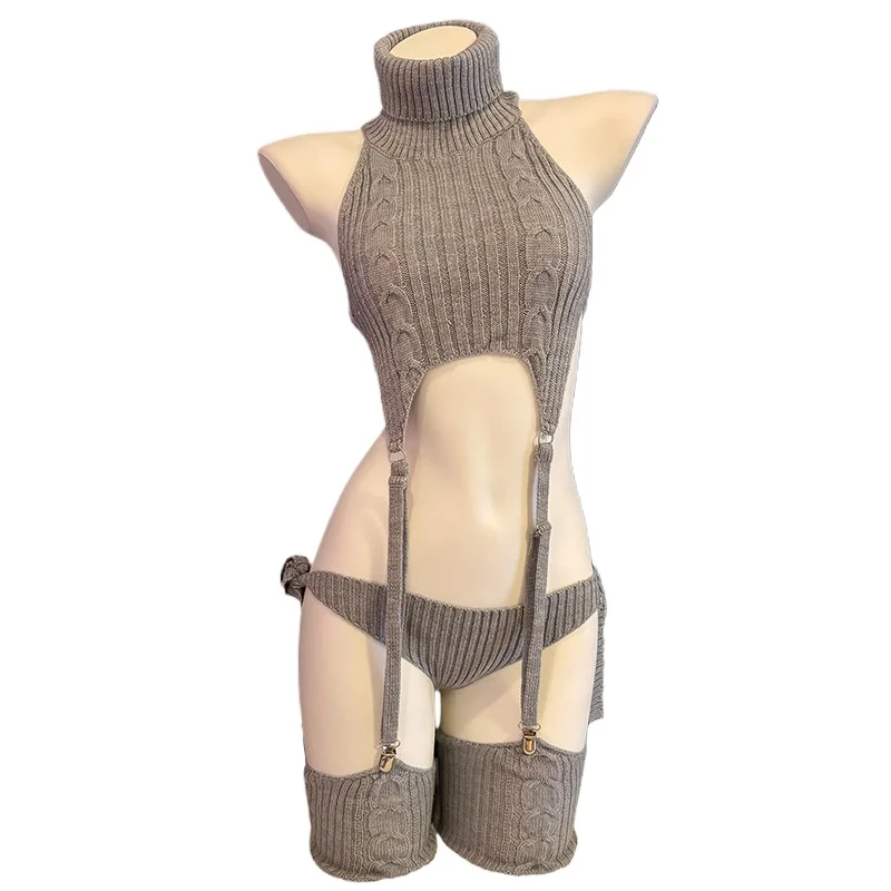 

Anime Cat Girl Gray Turtleneck Sweater Uniform Outfit Cosplay Women Backless Knit Clothes Garter Stocking Costume