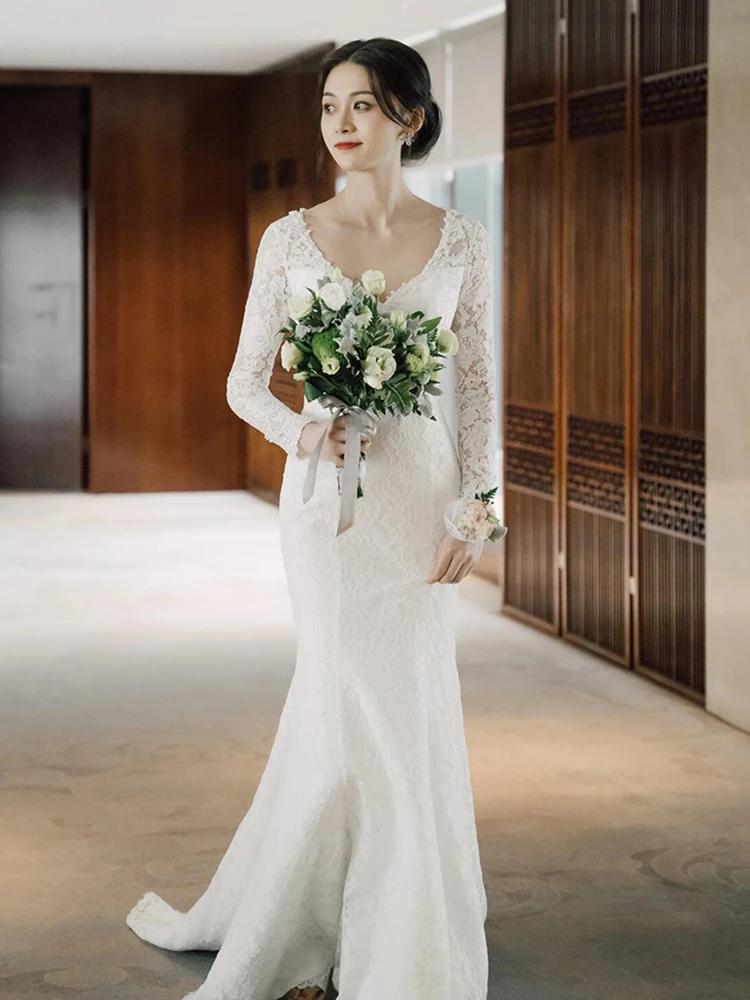 

Ele Long Sve Lace Wedding Dr Vintage Simple High-End Sensation Autumn Winter Fi Tail Gown for Bride with Veil