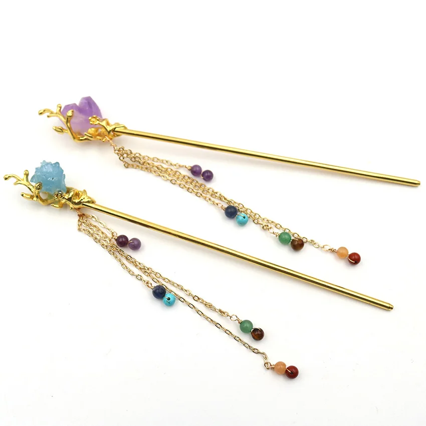 XSM Crystal Hairpin Chinese Style Gold Color Hair Stick for Women Hanfu Natural Amethyst Aquamarine 7 Chakras Tassel Accessorise