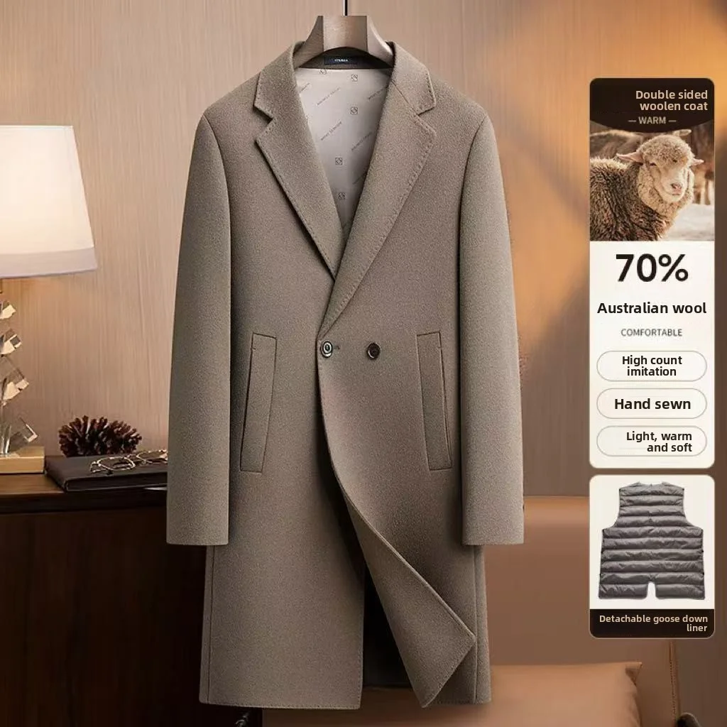 

2025 Autumn/Winter New Men's Double sided Intimate Coat with Detachable Goose Fleece Inner Tank, Medium length, Wool Content 70%