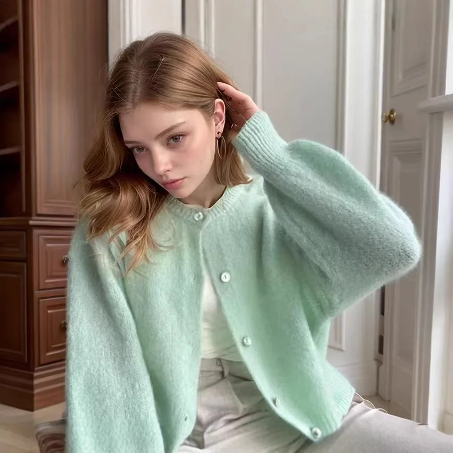 

Женский осенне-зимний свитер из мохера, кардиган, европейский вязаный однотонный асимметричный длинный свек Thiened Girls ...