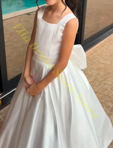 Maßgeschneidertes weißes Blumenmädchenkleid mit Schleifenriemen, Mini-Brautkleid, Kinder-Ballkleid, Erstkommunion-Kleid, Vestidos, Großhandel – Detail 2