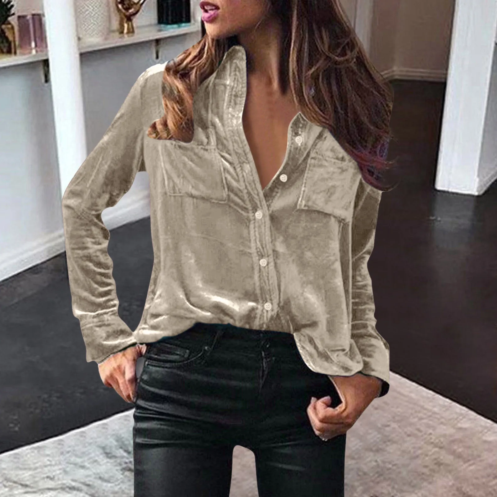 

Women's Button Top Shirt Fashion Velvet Long Sleeve Button Pocket Solid Tops Casual Warm Soft Shirt Top Fashion Women Shirts