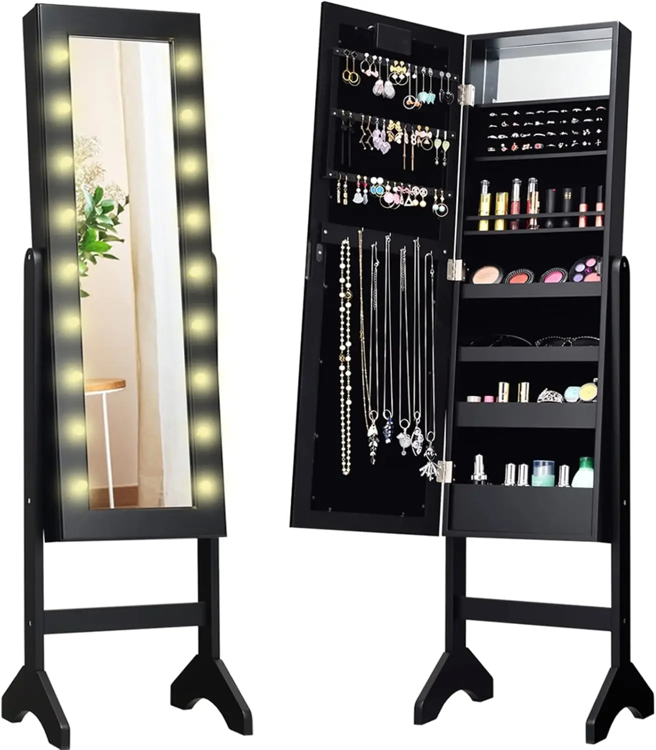 Standing Jewelry Armoire with 18 LED Lights Around the Door, Large Storage Mirrored Jewelry Cabinet with Full Length Mirror, 16