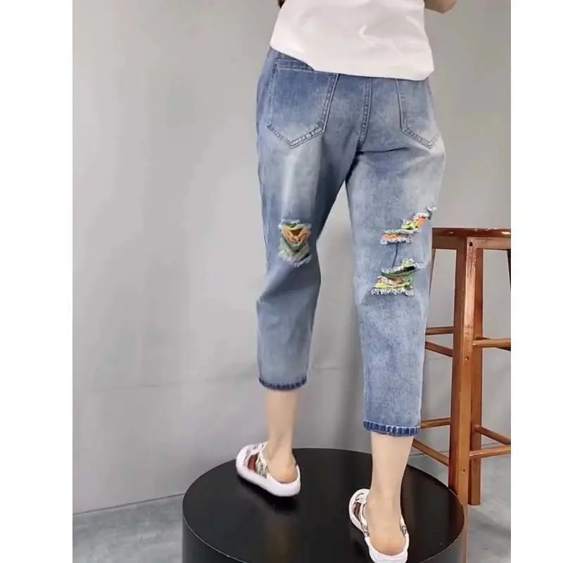 Summer Nine Cent Pants Trendy New Style Haren Pants Piercing Jeans Women's Straight Tube Versatile Show Thin Casual Pants M235