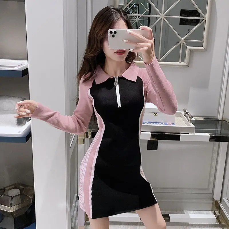 Women\'s Contrast Color Long Sleeve Half Zipper Bodycon Knitted Dresses Autumn Winter Sexy Sweet Y2K Polo Collar Club Mini Dress