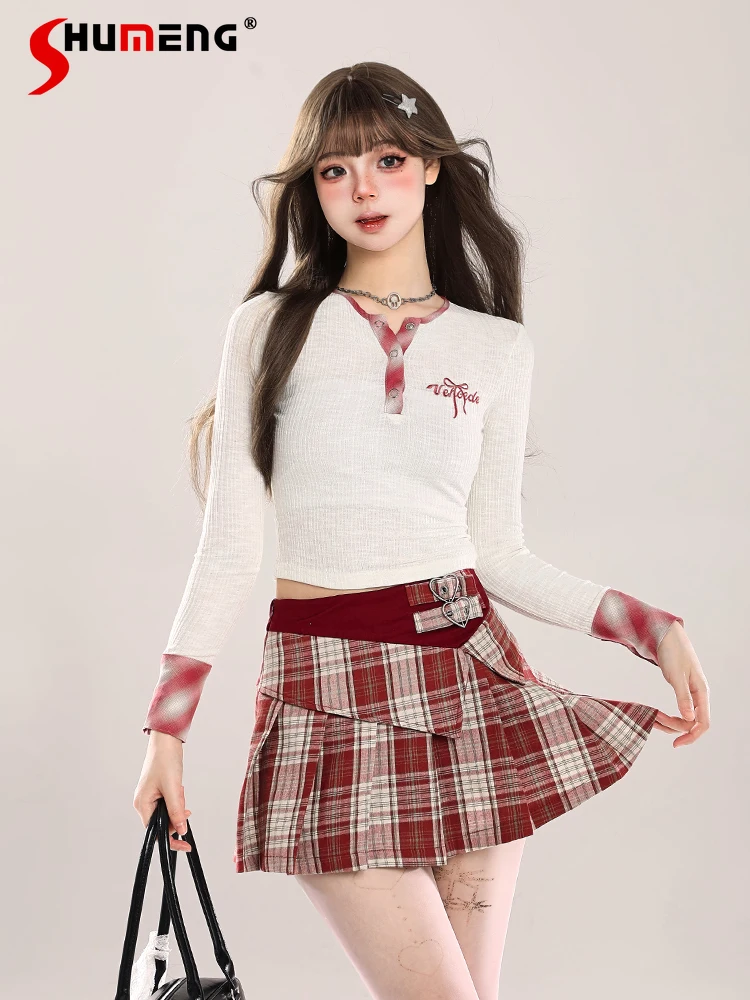 

Korean Fashion Street Hot Girl Bow Embroidered V-neck Plaid Splicing Long Sleeve T-shirts Slim Versatile Crop Tops Women Spring
