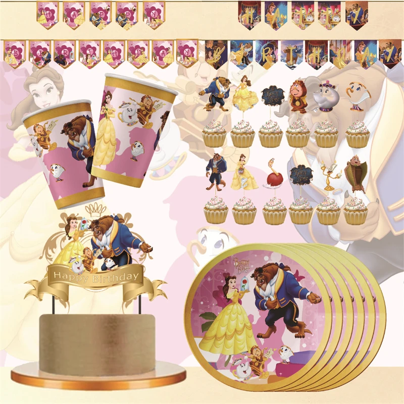 New Beauty and the beast Princess Birthday Party Supplies Disposable Tableware Girls Dinner Dessert Plates Napkins Cups Home Dec