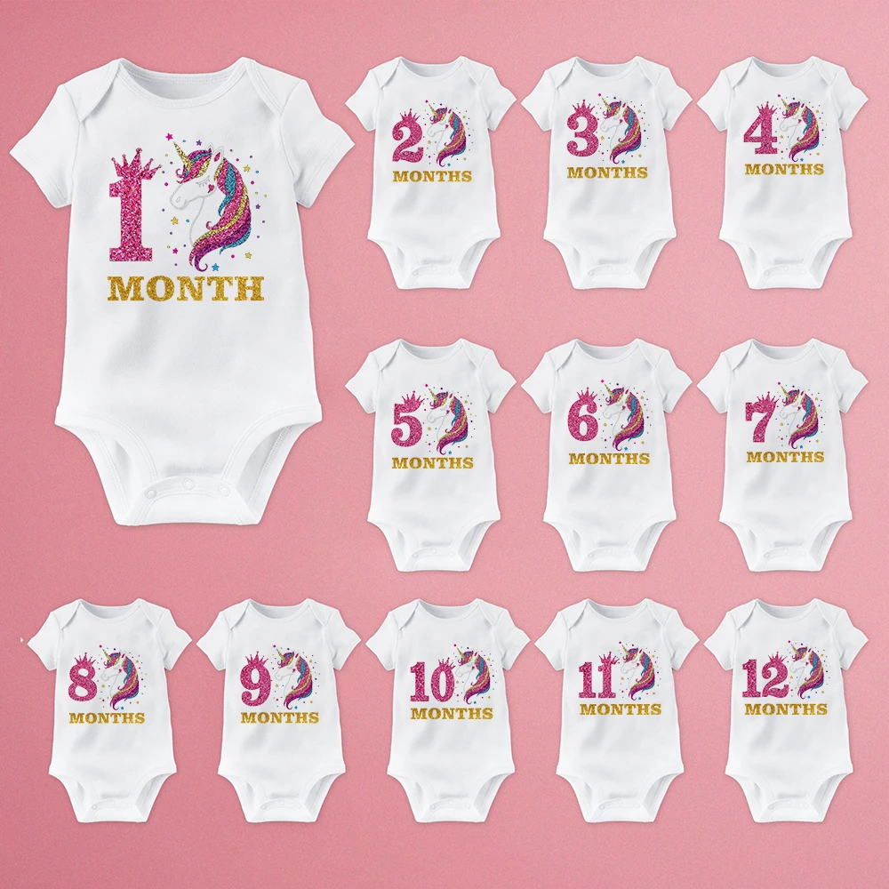 

Единорог От 1 до 12 месяцев принт детский комбинезон с ежемесячными вехами для новорожденных комбинезон одежда для малышей комбинезон с короткими рукавами