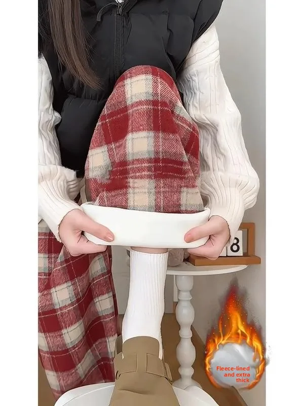 

Красные клетчатые утепленные зимние мужские шерстяные брюки прямого кроя, повседневные модные брюки-джоггеры прямого силуэта