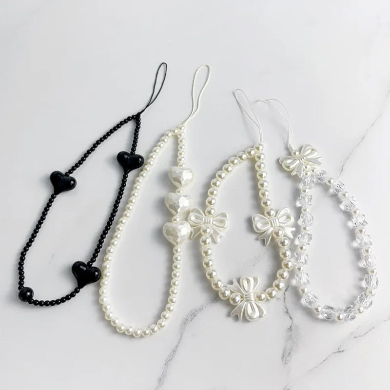 Korean Cute Charm Love Heart Bowknot Phone Chains For Women Telephone Jewelry Strap Beaded Lanyard Hanging Cord Accessories