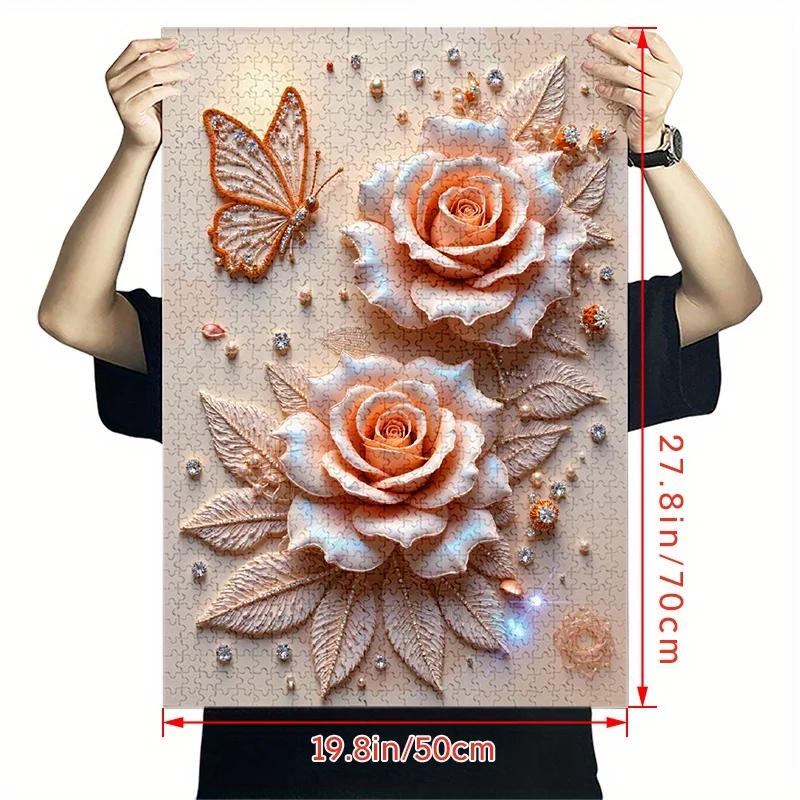 1000 قطعة من أحجية الصور المقطوعة - تصميم زهور الورد المطرزة مع خرز متلألئ، مقاوم للخدش وجودة عالية، مستطيل كبير