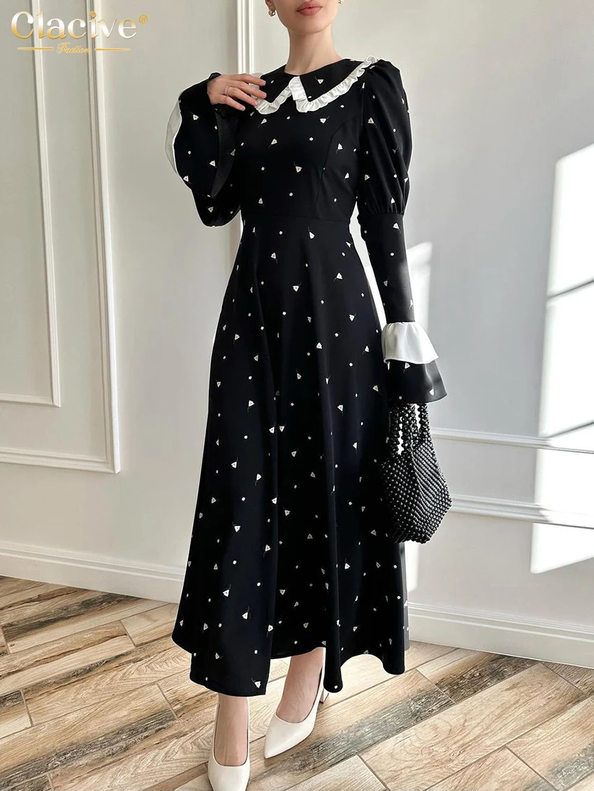 

Clacive Fashion Loose Print Women's Dress 2024 Elegant Lapel Long Sleeve Ankle Length Dresses Casual High Waist Female Dress