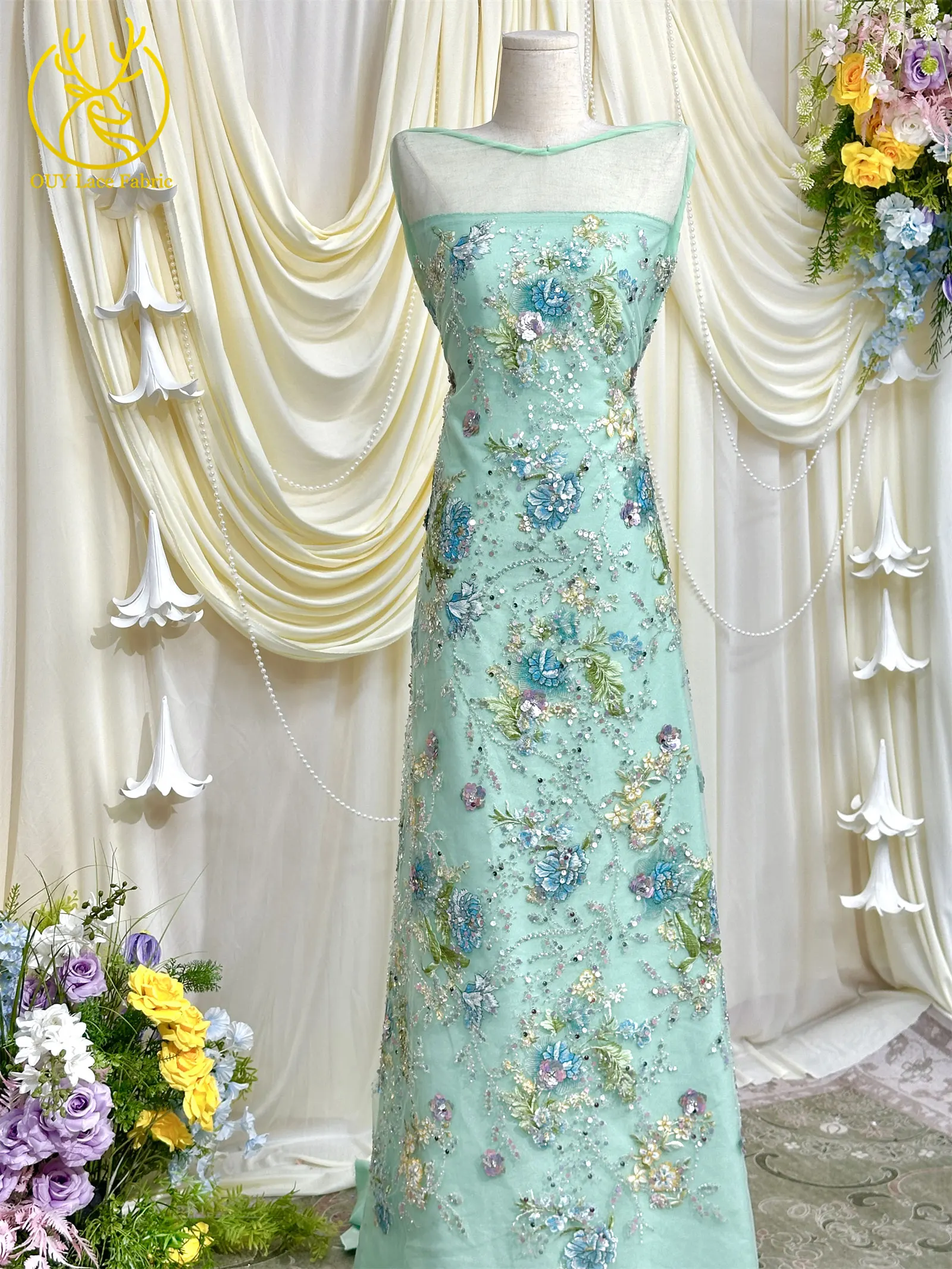Elegante DIY handgemachte Stickerei-Blumenspitze, afrikanische Perlen-Spitze, französische Pailletten-Tüllspitze für Hochzeitskleid-Design – Detail 16