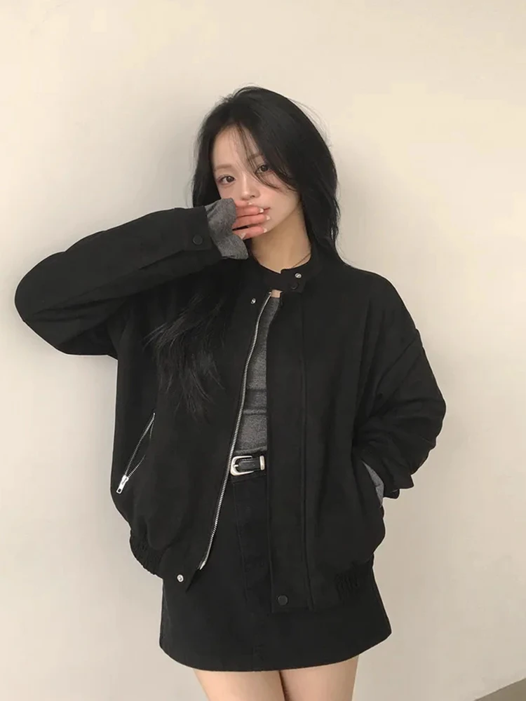 

Chic Vintage Autumn New Loose Fit Long Sve Zipper Deer Skin Velvet Jaet Stand Collar Regular Length Commute Sle Women'...