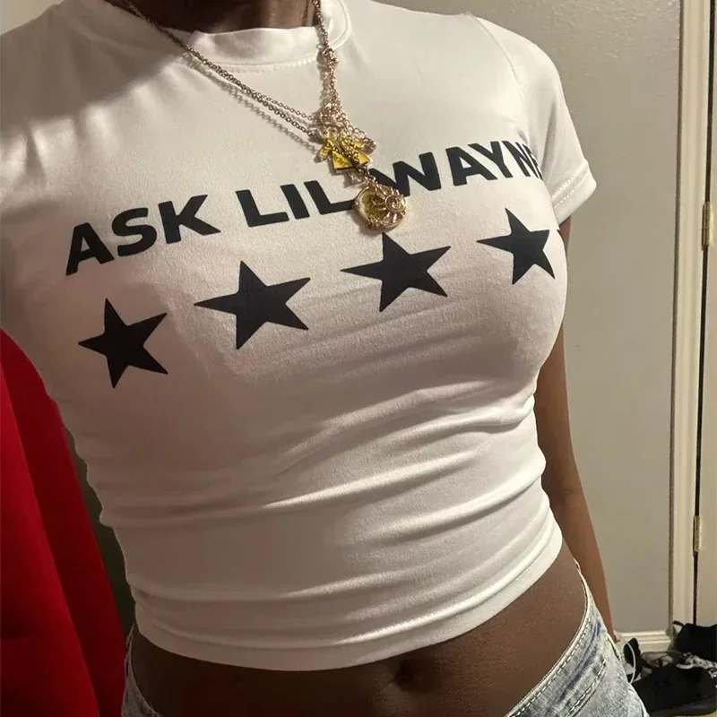 BWQ Y2K Słodki Damski Wielostylowy Wąski Krótki Top z Nadrukiem Liter i Gwiazd Casualowy Krótki Rękaw T-shirt Pikantna Dziewczyna Seksowna Moda Dekolt O
