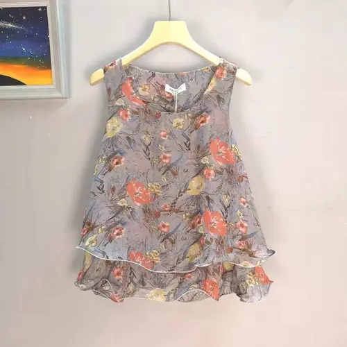 Imagen 2 del producto Camisetas sin mangas con cuello Halter para mujer, camisola plisada para vacaciones de verano, camiseta sin mangas con estampado Floral, túnica holgada informal de gasa A262