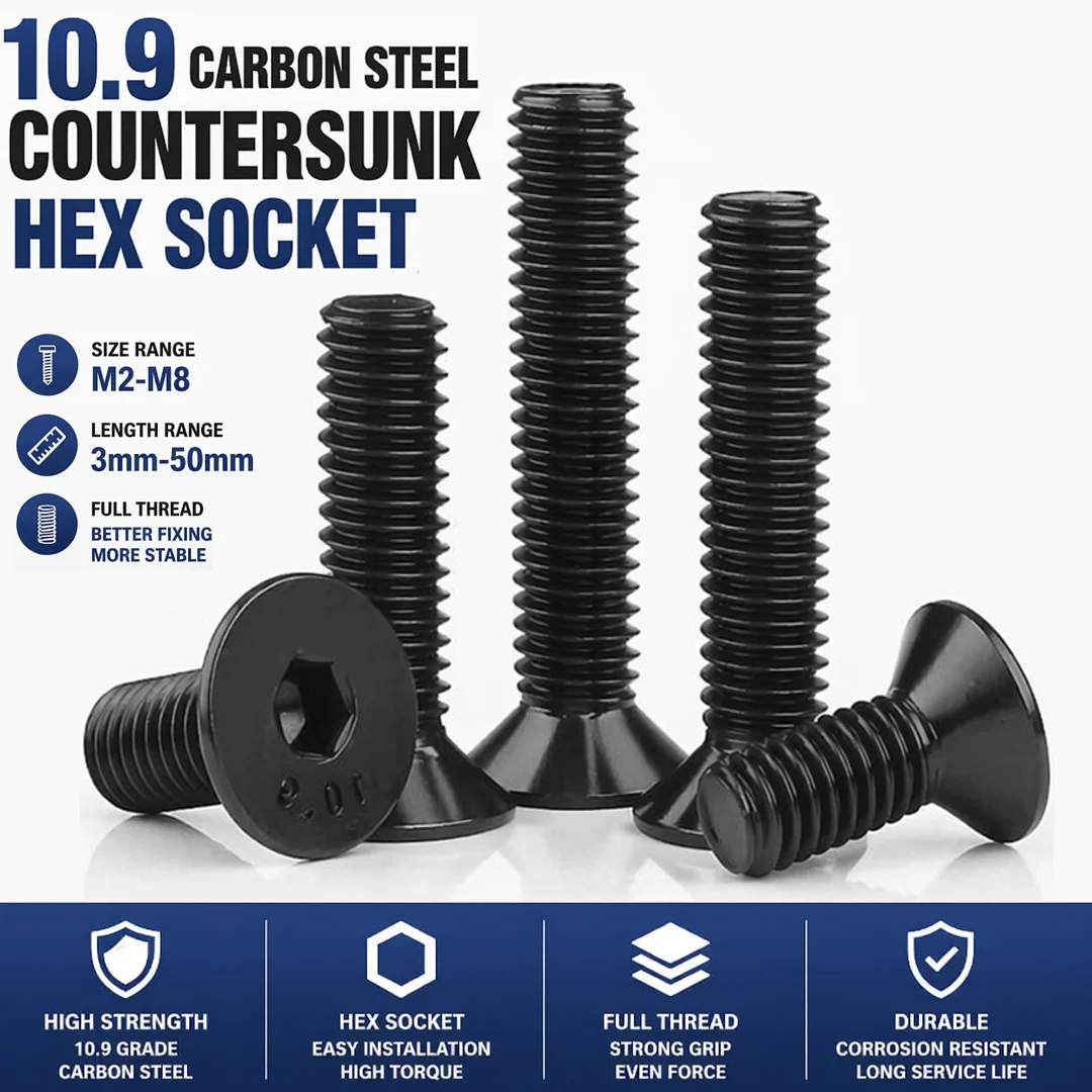 M2 M2.5 M3 M4 M5 M6 M8 Din7991 Carbon Steel Bolt DIY Hexagon Hex Socket Flat Head Countersunk Screw Black Furniture Screws
