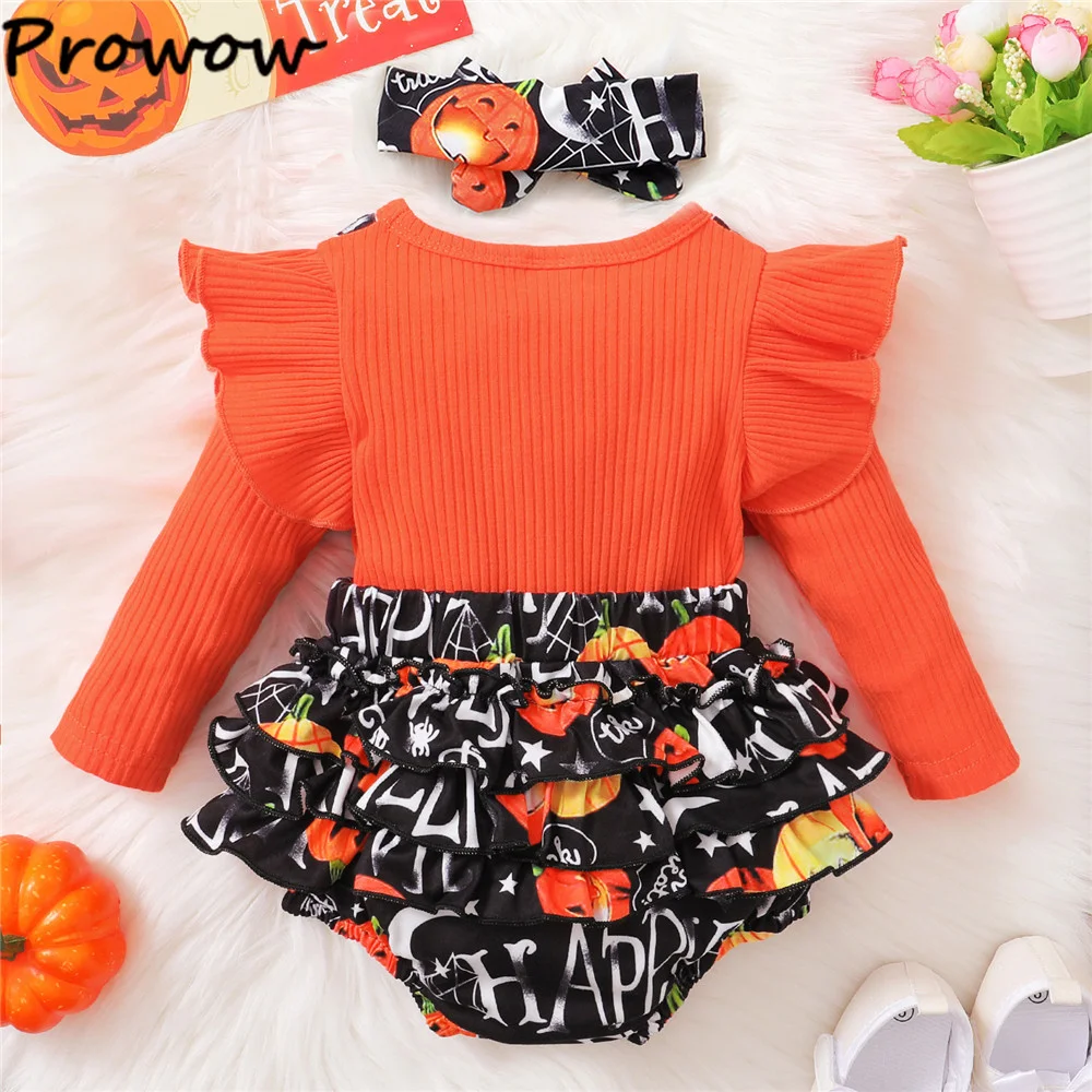 Prowow Baby Halloween Costume Orange Pumpkin Letter Printed Bodysuit For Newborns My First Halloween Baby Rompers Clothes