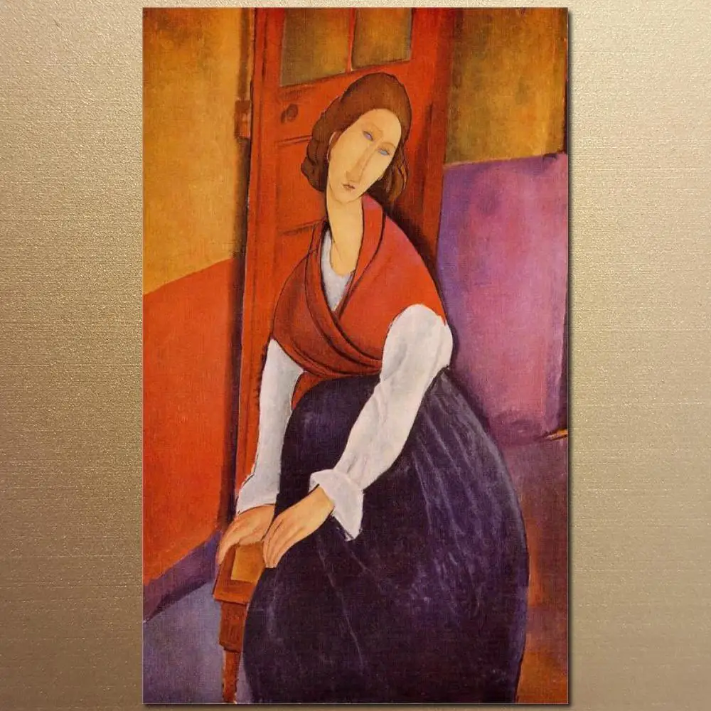 

Canvas Wall Art Jeanne Hebuterne in Red Shawl Handmade Amedeo Modigliani Oil Painting Lady Artwork High Quality Bathroom Decor