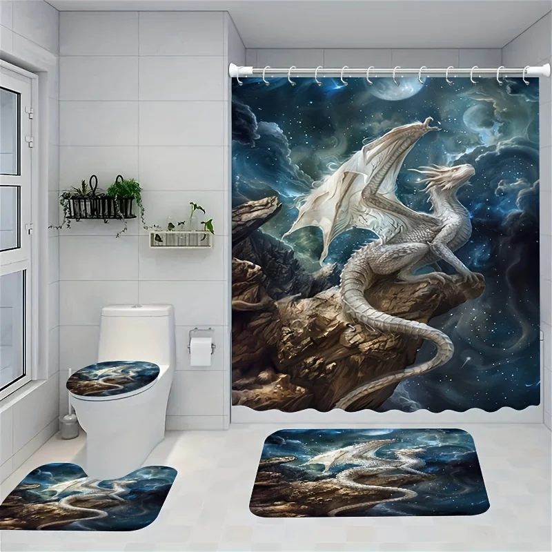 

Mystical Dragon Bathroom Four-Piece Set - Fantasy Waterproof Shower Curtain for a Complete Bathroom Set