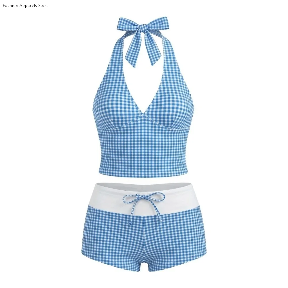 

Sweet Halter Neck Sling Two Pieces Bikini Suit V-Neck Slim Fit Stripe Swimwear Set Summer Y2k Beachwear Clothing Swimming Pool
