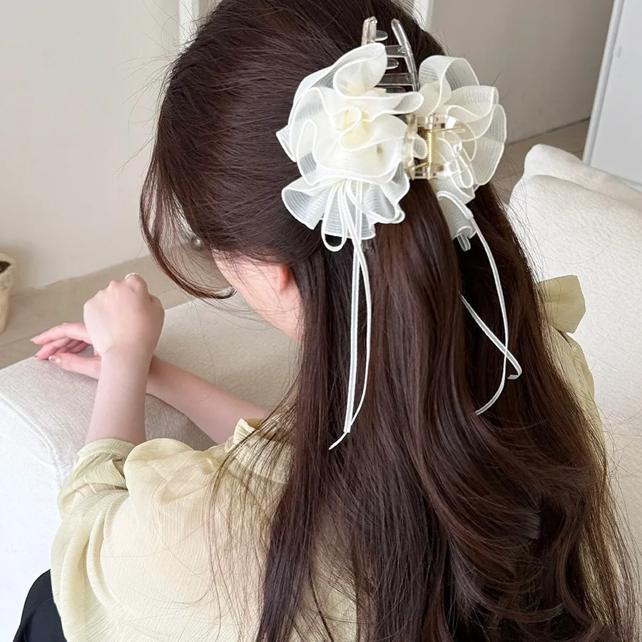 

Mesh Flower Shark Hair Clip Ruffle Ribbon Tie Ethereal Korean Soft Versatile for Daily Updo Home Party