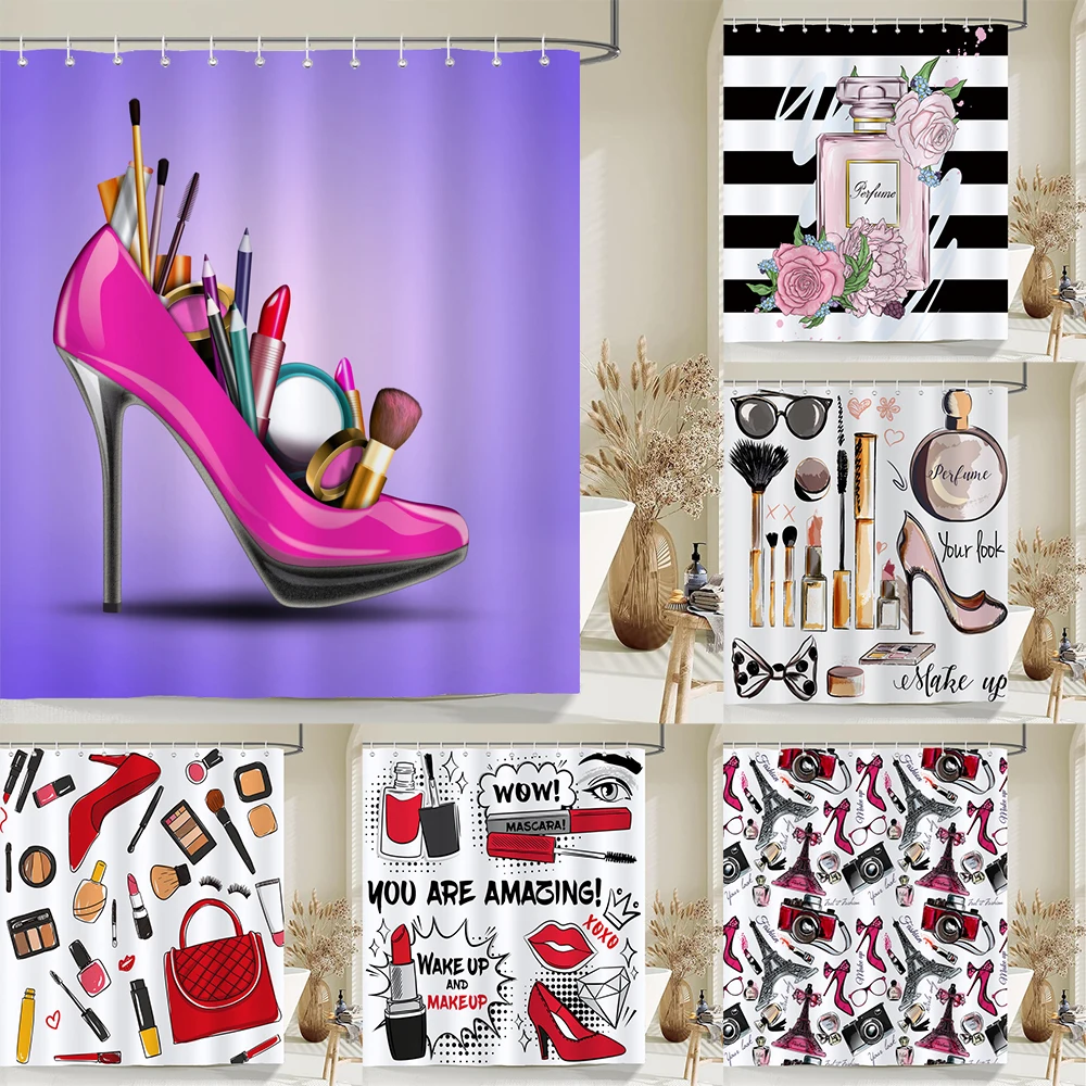 

Sexy Red Lips Pink Print High Heel Shower Curtain Cosmetic Perfume Pink Girl Bedroom Decor Curtains Waterproof Bathroom Curtain