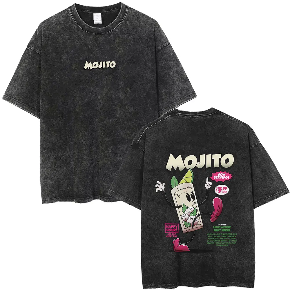 

Mojito Cocktail Funny Meme Washed T-shirt Men Women Cartoon Humor Harajuku Short Sleeve Men's Casual High Quality Cotton Tshirt