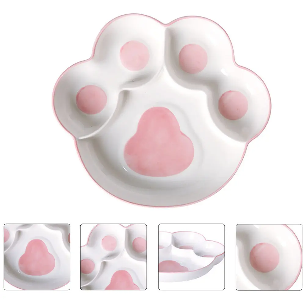 Ceramic Sub-Grid Plate Cat Paw Shape Compartmentalized Food Container Heat Resistant Wear Resistant Safe for Family School
