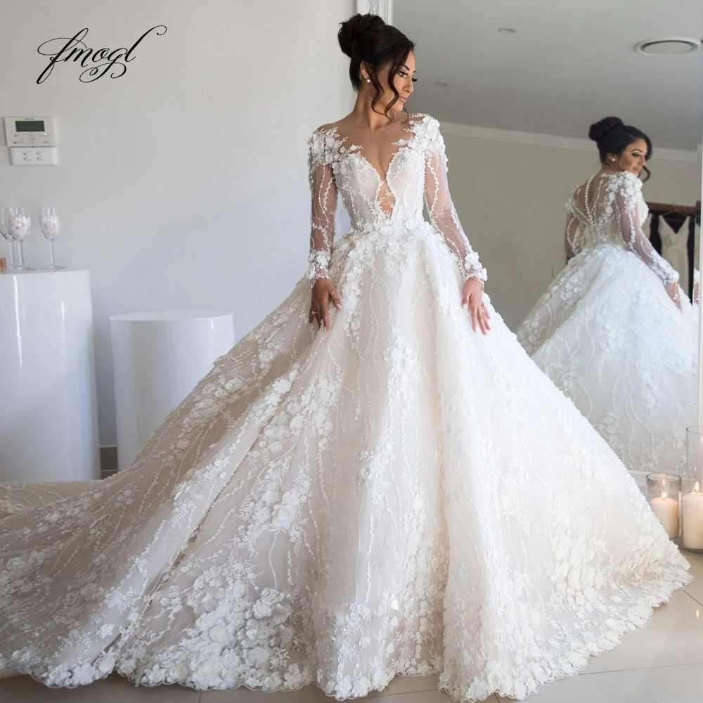 Customized Sexy Sweetheart Long Sleeve Lace Ball Gown Wedding Dresses Luxury Flowers Chapel Train Vintage Bridal Gown