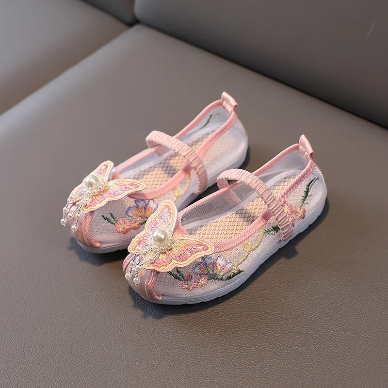 Hanfu Embroidered Shoes Baby Girls Vintage Chinese Style Dance Shoes Butterfly Beading Mesh Ruffles Toddler Children's Flats