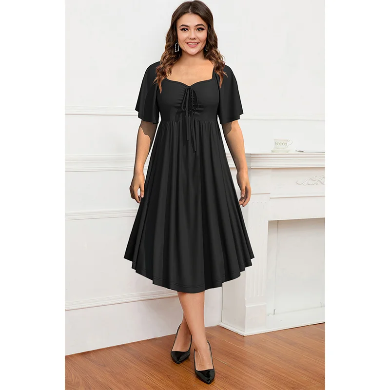 Plus Size Casual Black Women\'S Dress Summer V-Neck Short Sleeve Office Midi Dress Elegant High Waist A-Line Female Dress 2024